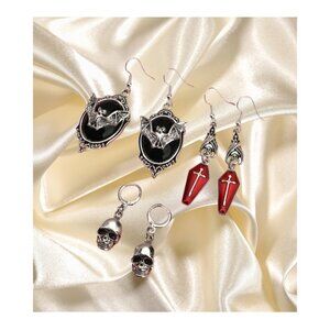 Gothic Earrings Bats, Skulls, Coffins 3 Pairs NWT Metal Alloy